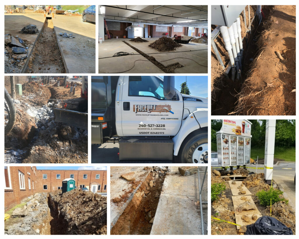 Collage of images showing excavation and trenching of project sites.